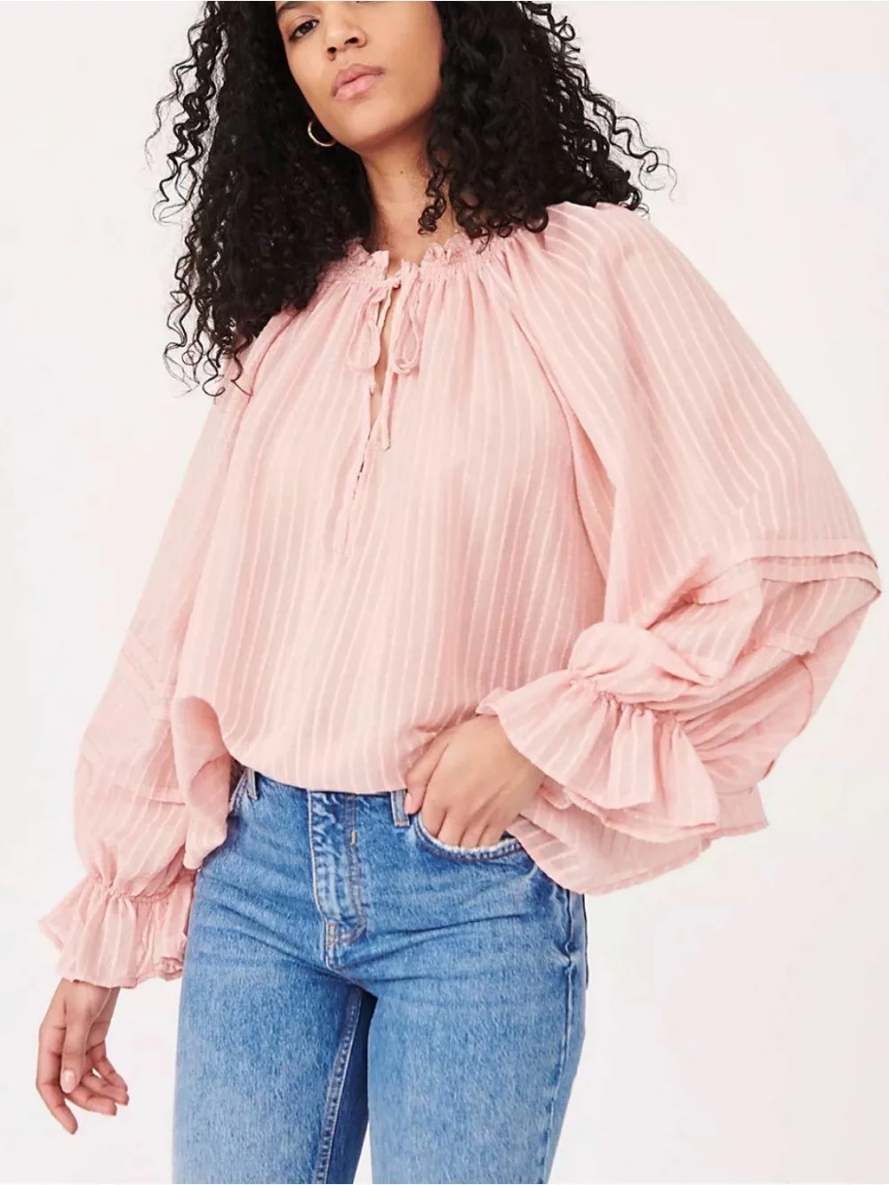 Free People Women's Pink Peasant Blouse with Ruffled Sleeves